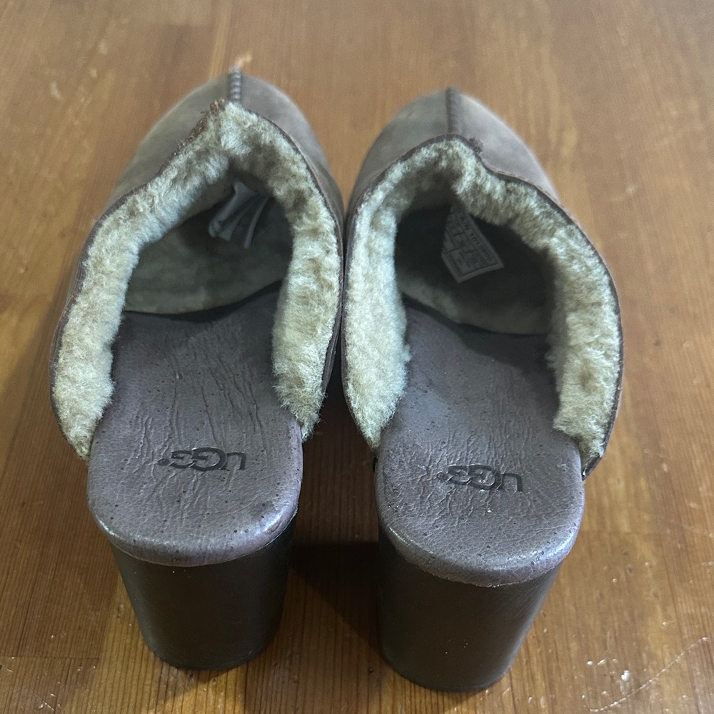 UGG Taupe Suede Shearling-Lined Clog Mules - Picture 4 of 15